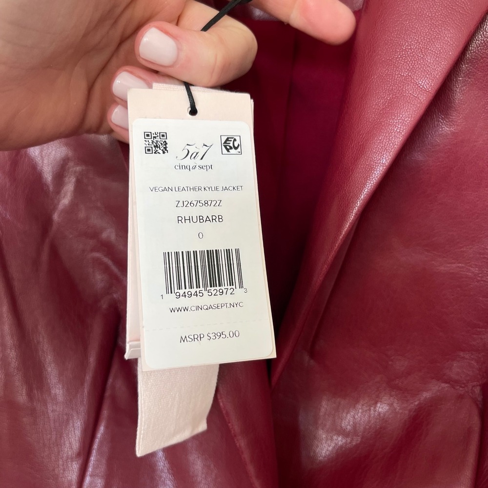 NWT Cinq a Sept Kylie Vegan Leather Jacket Sz 0 Rhubarb Red Ruched Sleeve Blazer - Picture 12 of 16